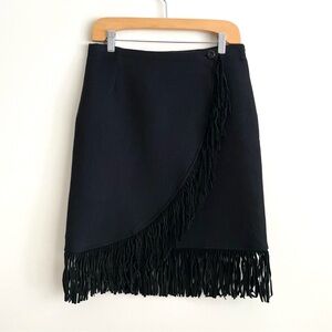 Max Mara Wool Angora Suede Fringe Wrap Skirt Black